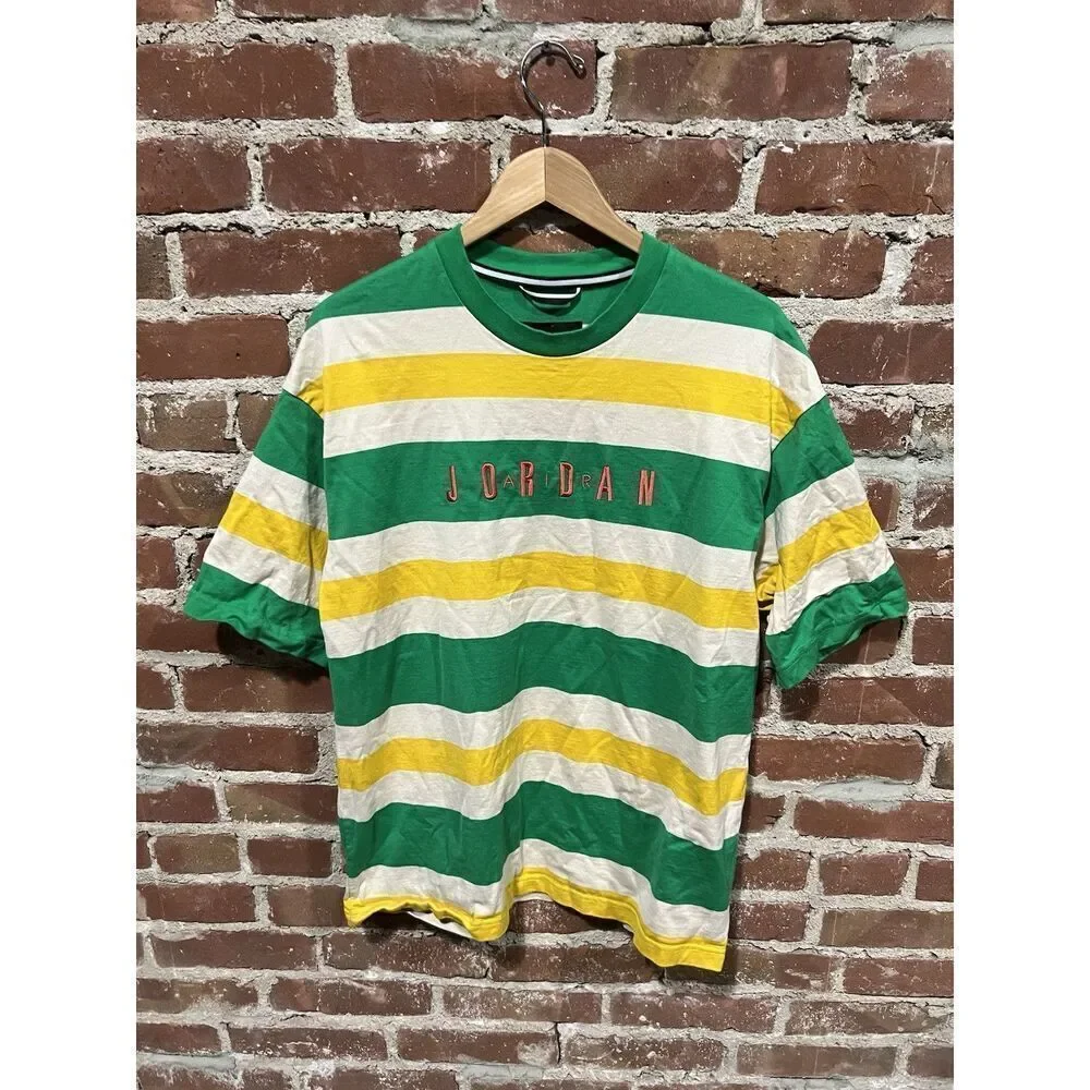 Air JORDAN Men’s M Green/Yellow Striped Standard Fit Short Sleeves Tee Cotton